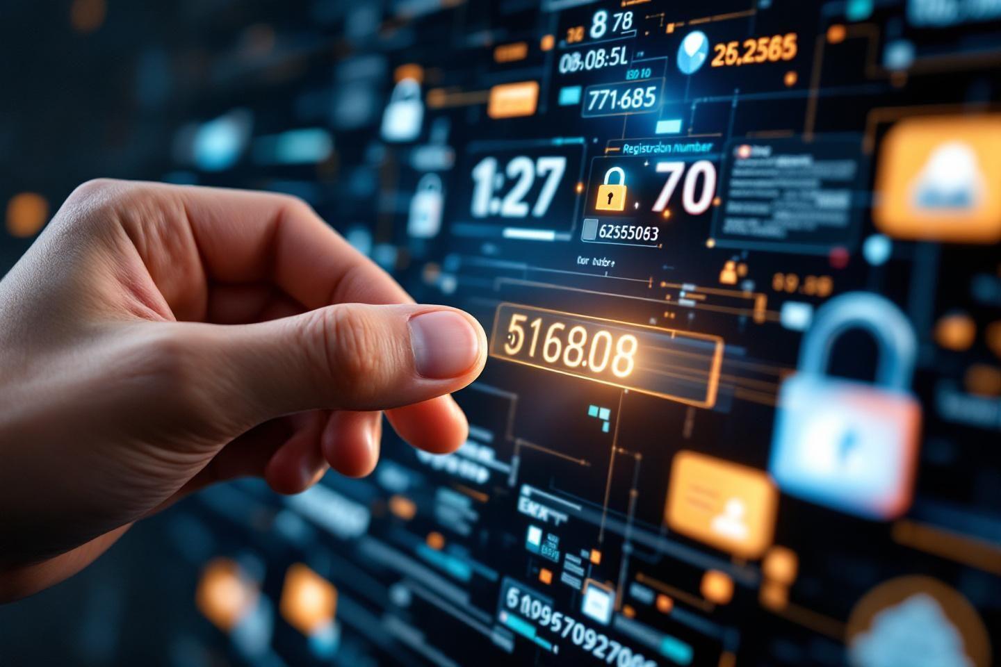 Main touchant un écran numérique avec codes et cadenas