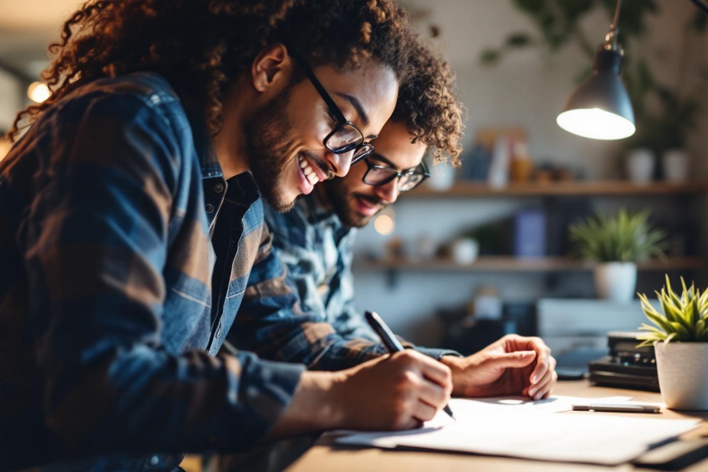 Deux personnes souriantes travaillant ensemble sur un projet
