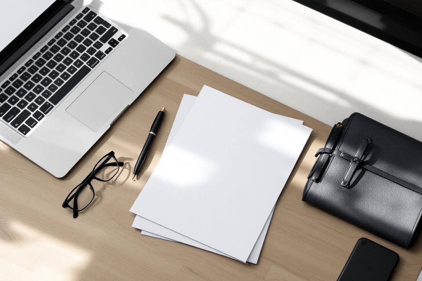 Bureau avec ordinateur, papiers vierges, lunettes et accessoires
