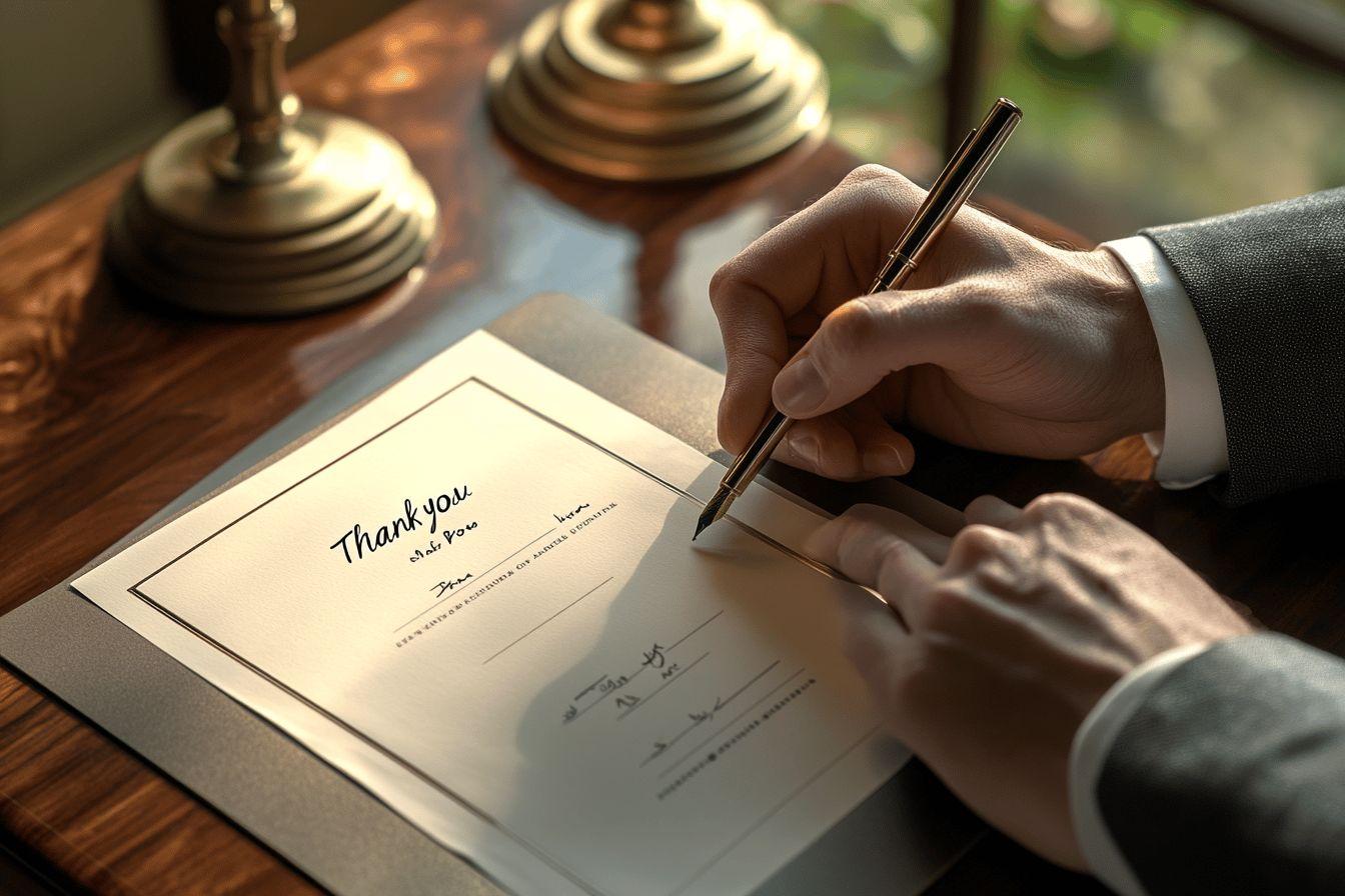 Main signant un document de remerciement avec un stylo &eacute;l&eacute;gant