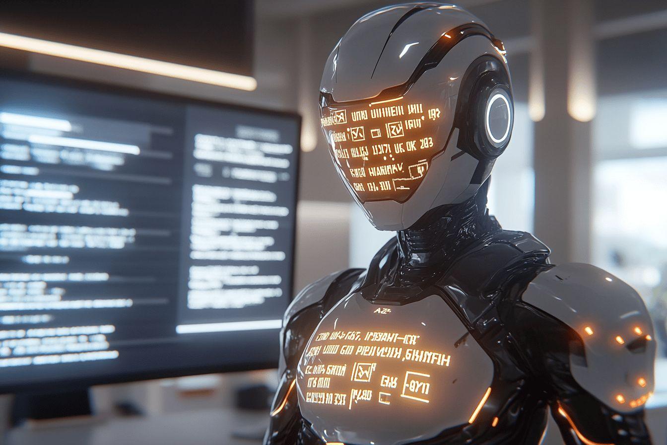Robot futuriste avec &eacute;cran holographique dans un environnement high-tech