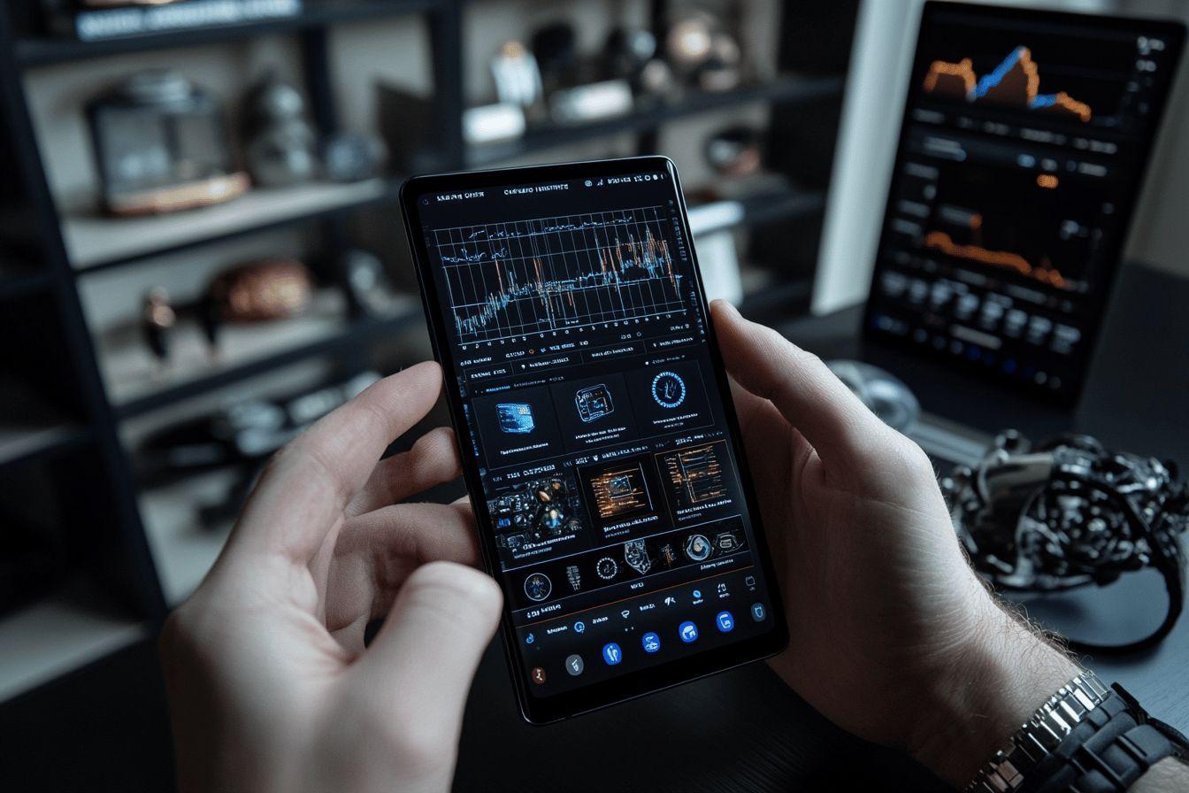 Écran de smartphone affichant des graphiques et analyses financières