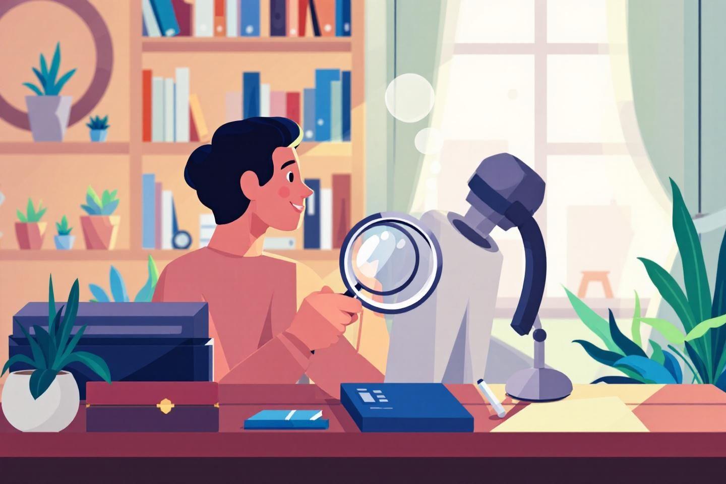 Personne &agrave; la table avec loupe et lampe de bureau