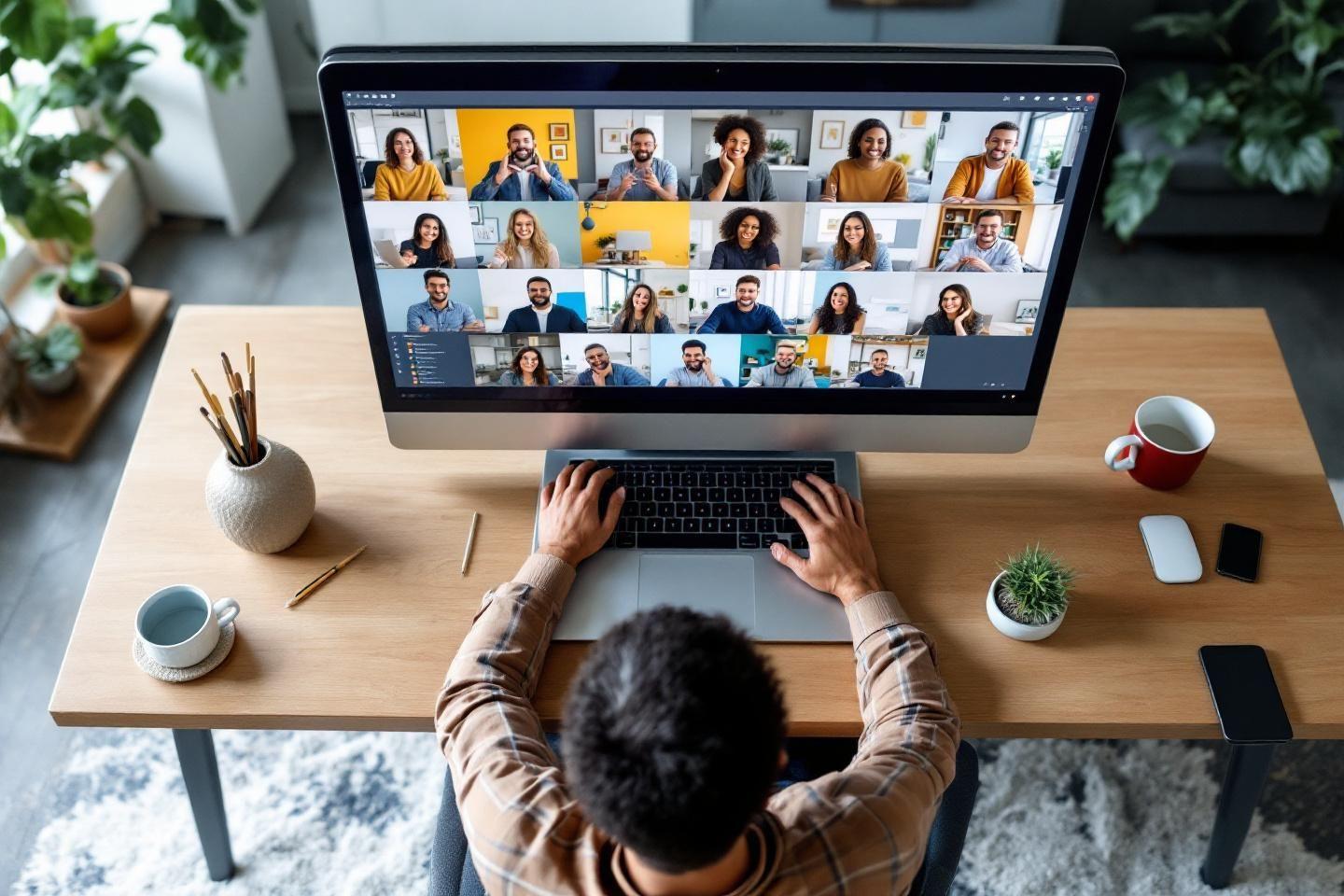 Plusieurs personnes en appel vid&eacute;o, vue de dos d'un participant