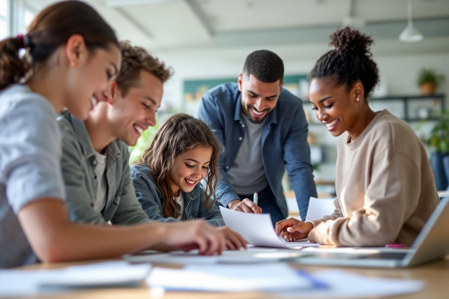 Groupe diversifié souriant autour de documents dans un bureau