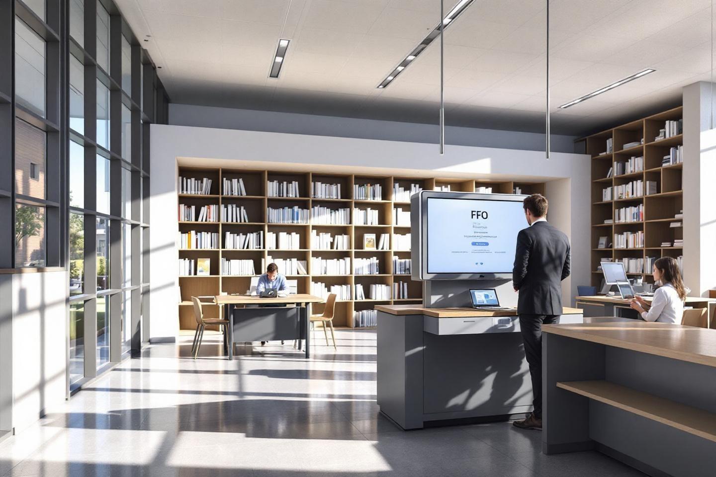Int&eacute;rieur lumineux de biblioth&egrave;que avec &eacute;tag&egrave;res et personnel