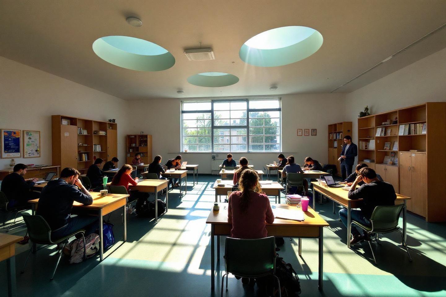 Élèves étudiant dans une classe lumineuse avec puits de lumière