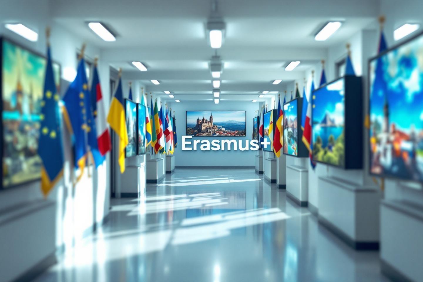 Couloir lumineux avec drapeaux et logo Erasmus+