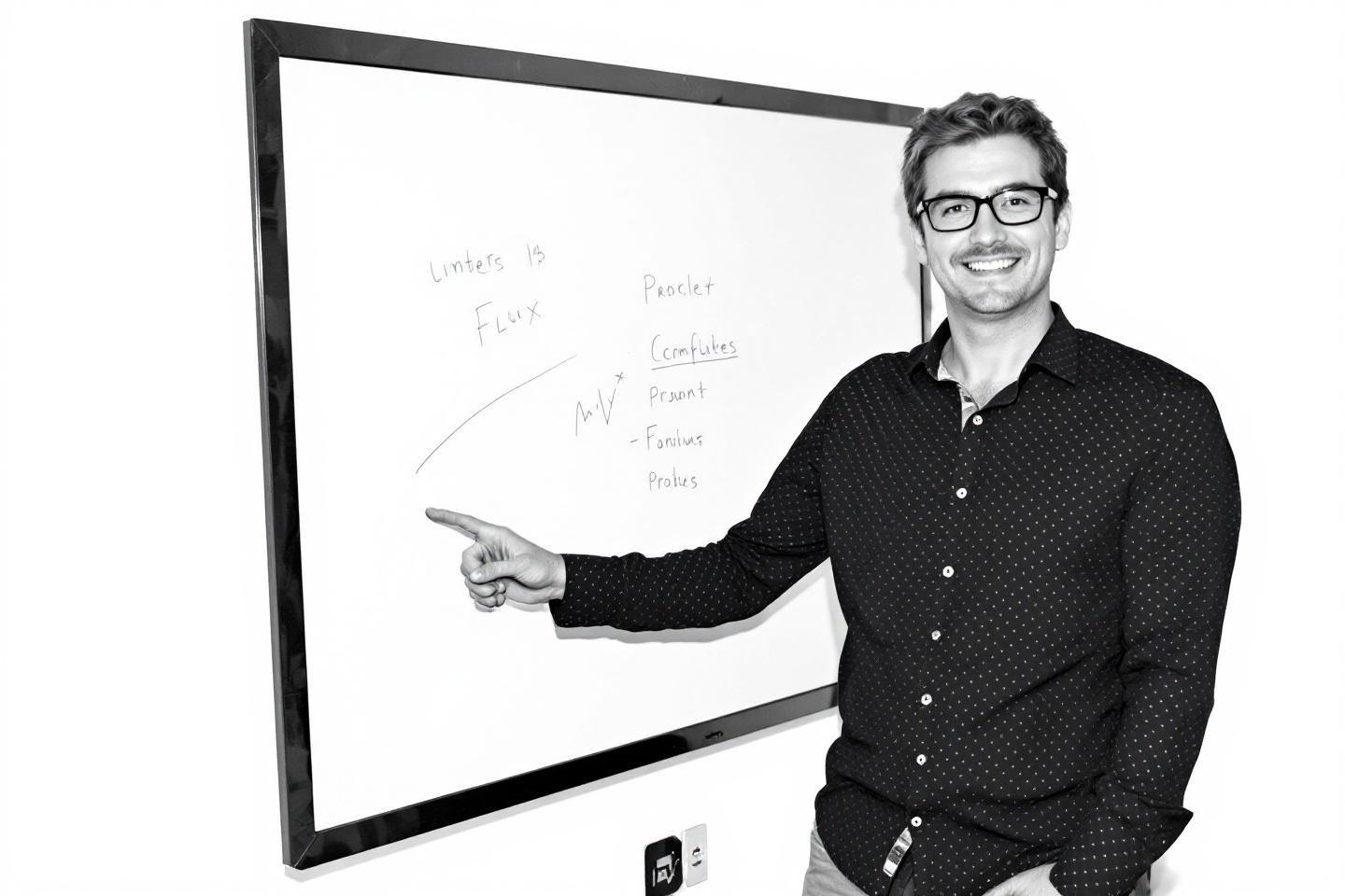Homme souriant pointant des notes sur un tableau blanc