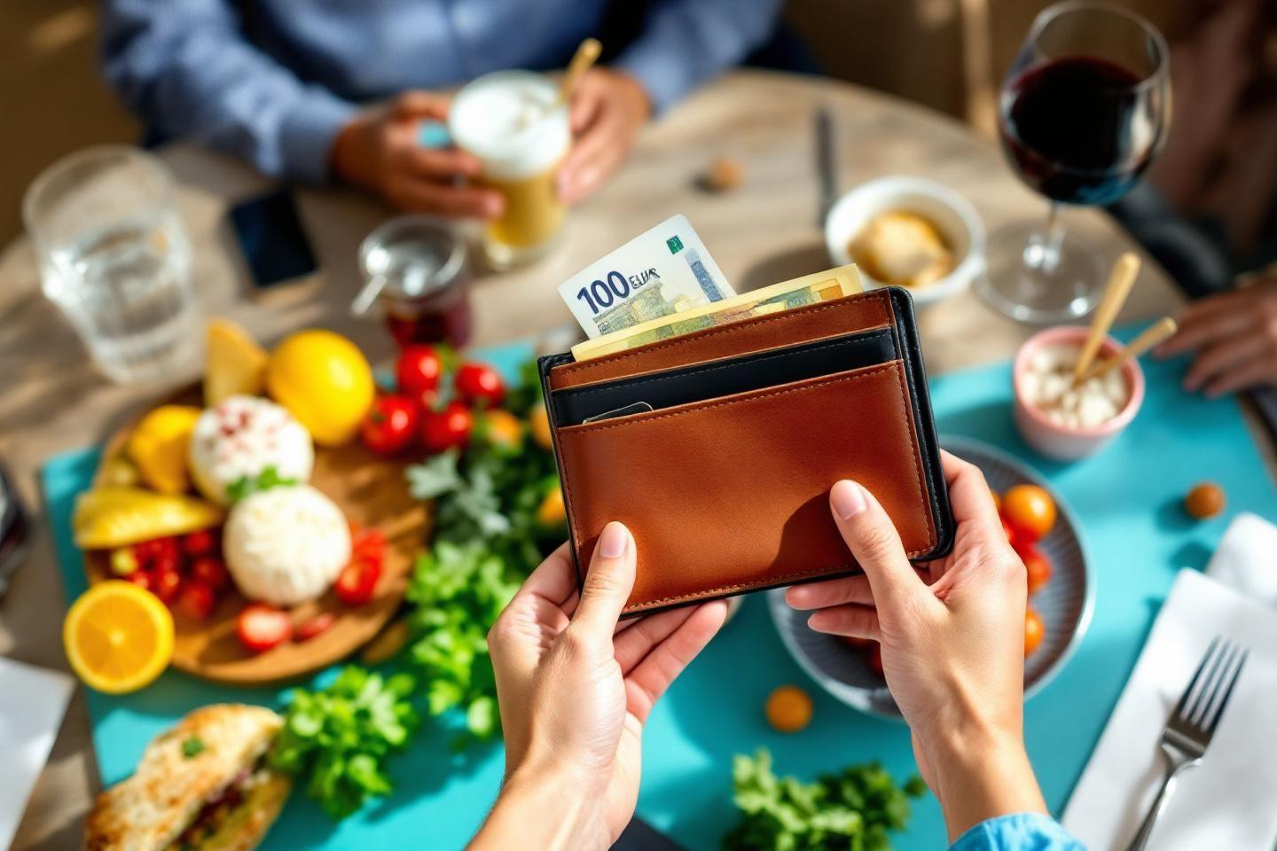 Portefeuille avec billet d'euro posé sur table de repas
