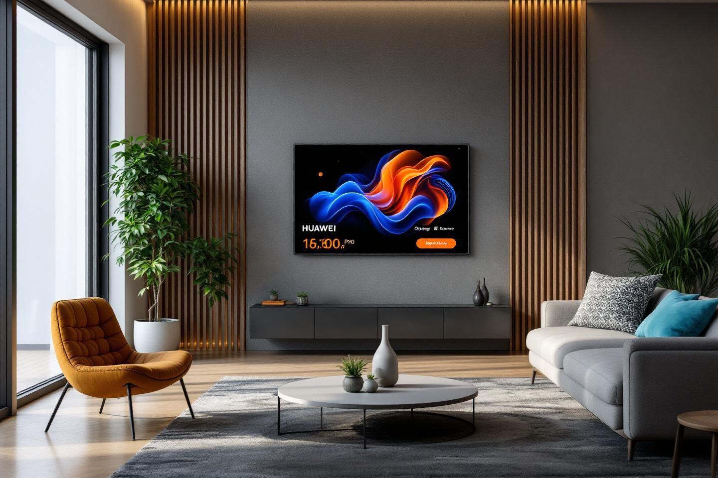 Intérieur design avec TV, canapé, fauteuil et plantes vertes