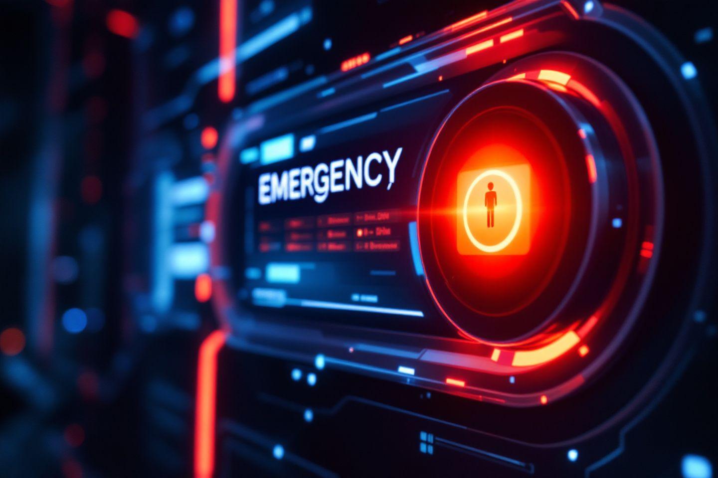 Interface numérique rouge et bleue avec symbole d'alerte d'urgence