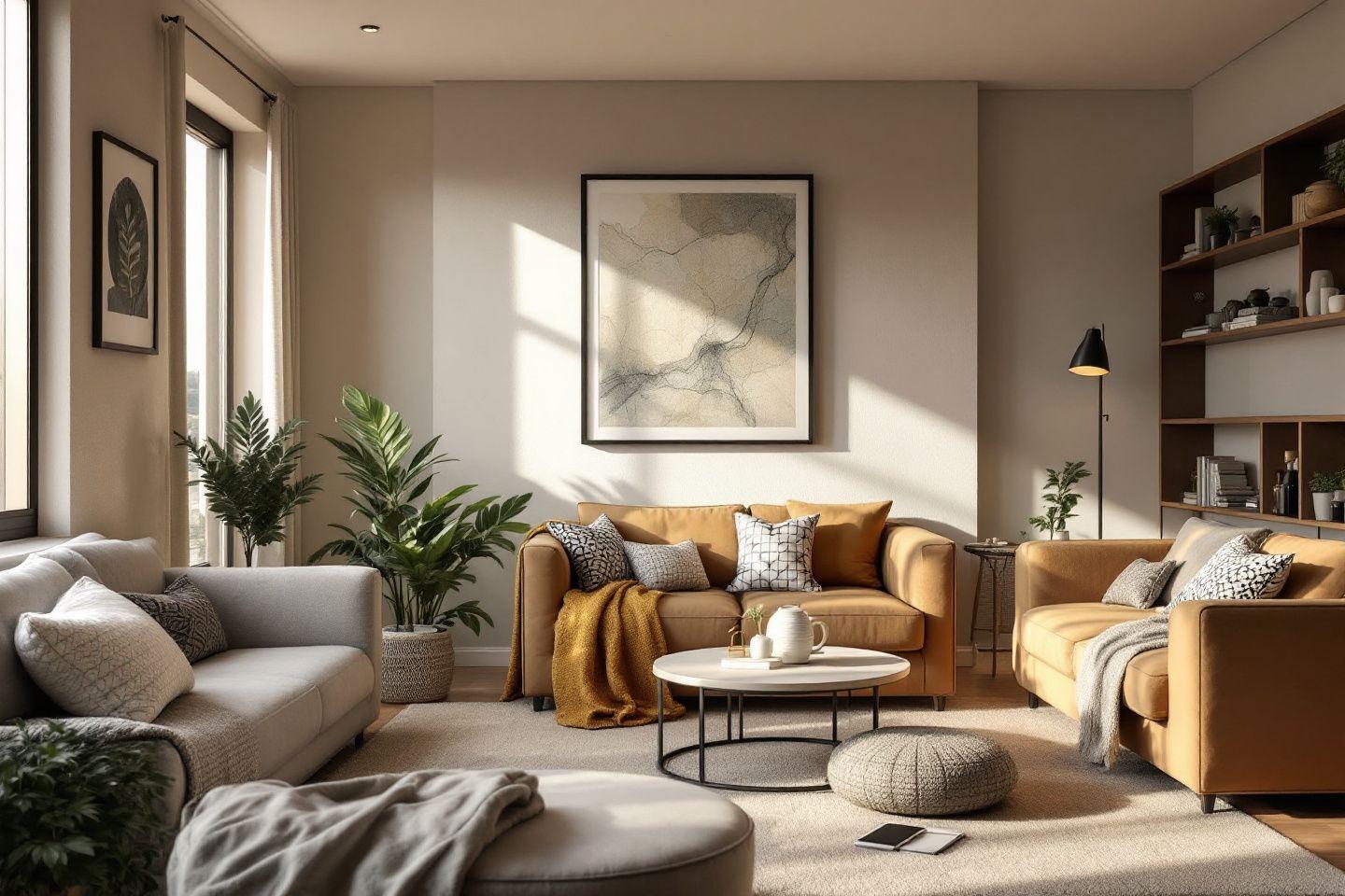 Intérieur moderne avec canapés ocre, plantes vertes et déco minimaliste