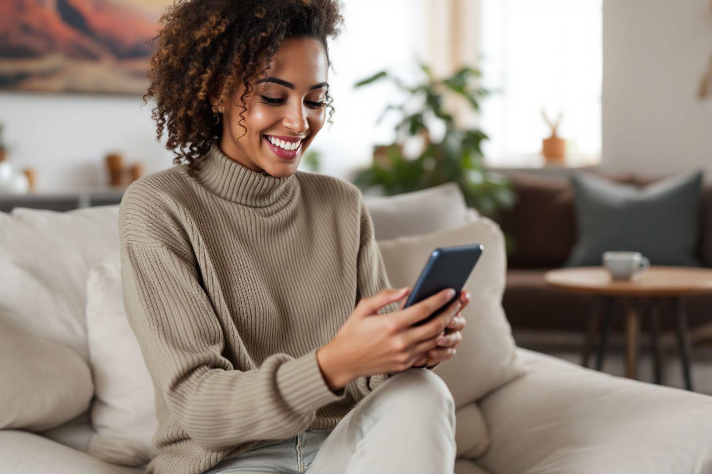 Jeune femme heureuse utilisant son téléphone dans un salon confortable
