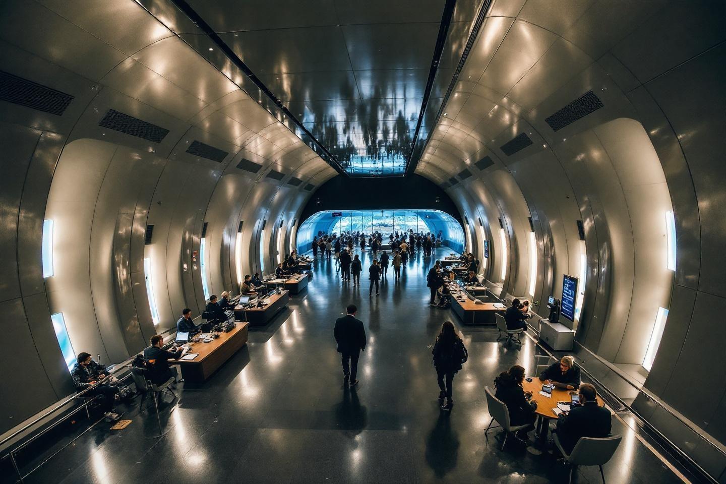Tunnel futuriste avec bureaux, personnes et lumière bleue