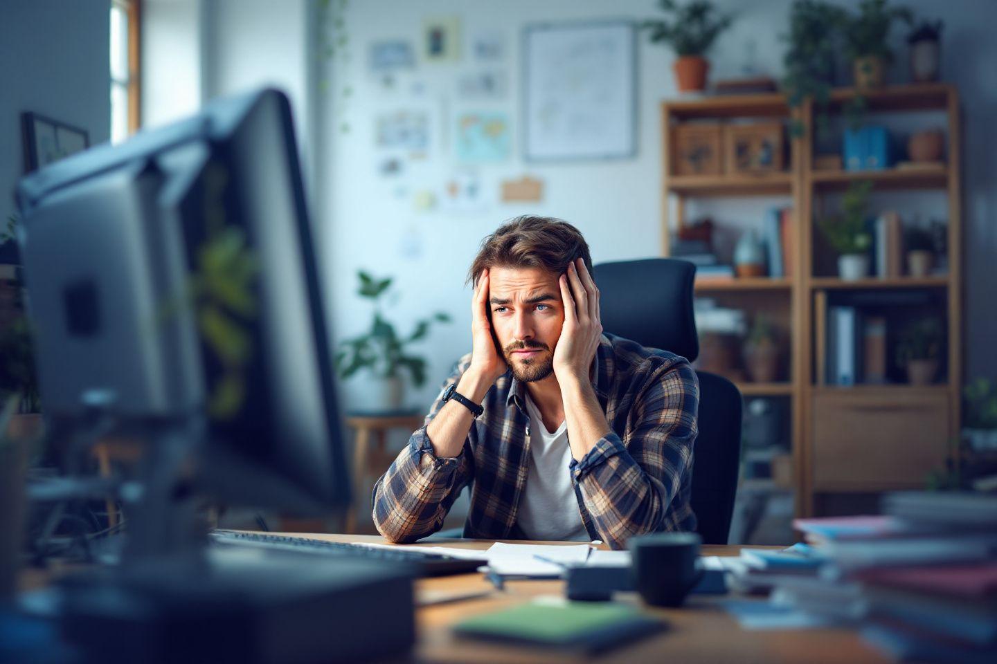 Homme fatigué au bureau, les mains sur le visage
