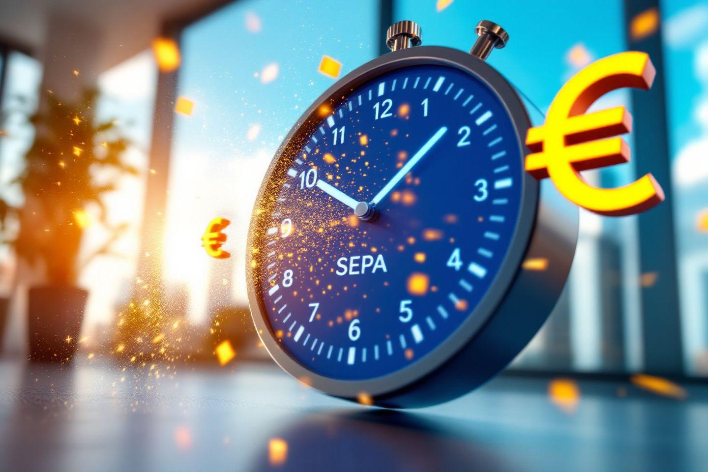 Horloge SEPA avec des euros en mouvement et des étincelles