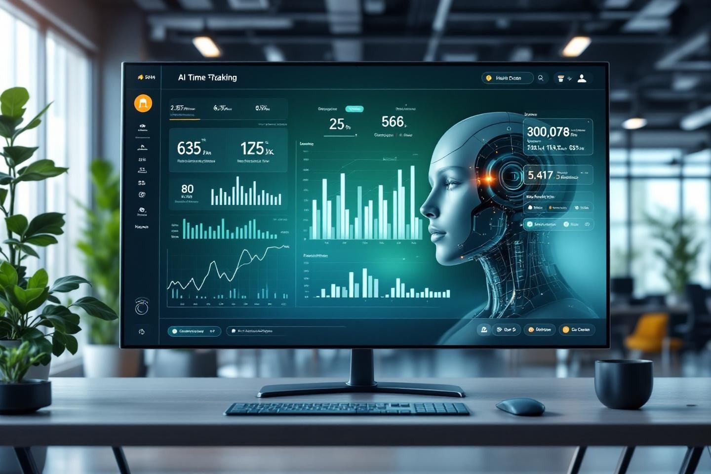 Écran de données avec profil robotique et graphiques analytiques