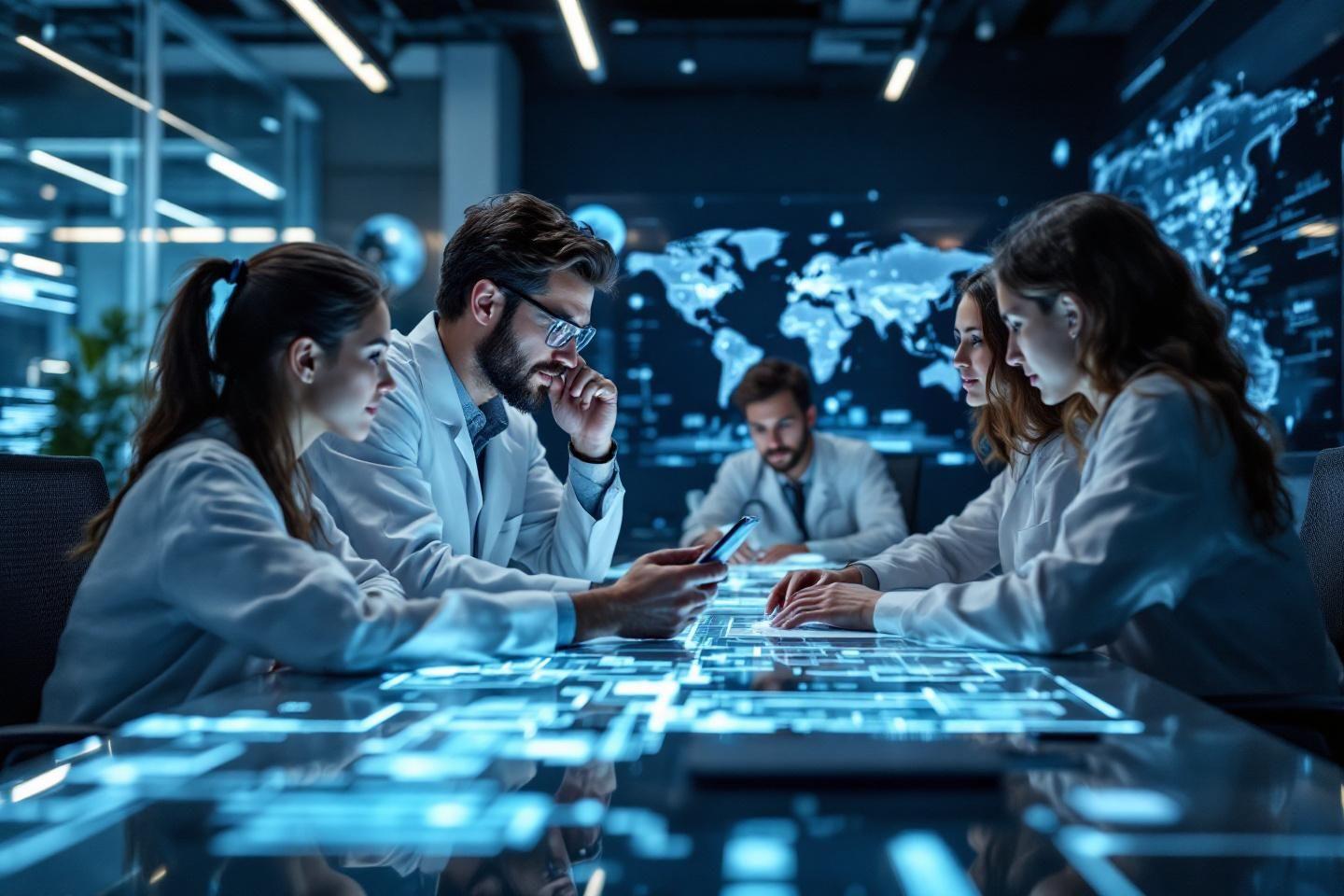 Professionnels travaillant sur une interface numérique futuriste