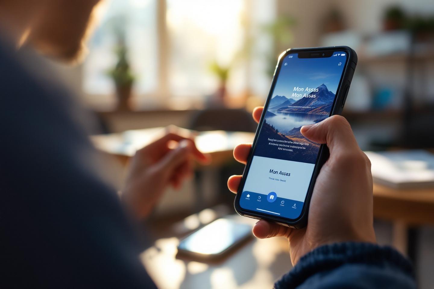 Écran de smartphone affichant l'application Mon Assas avec paysage
