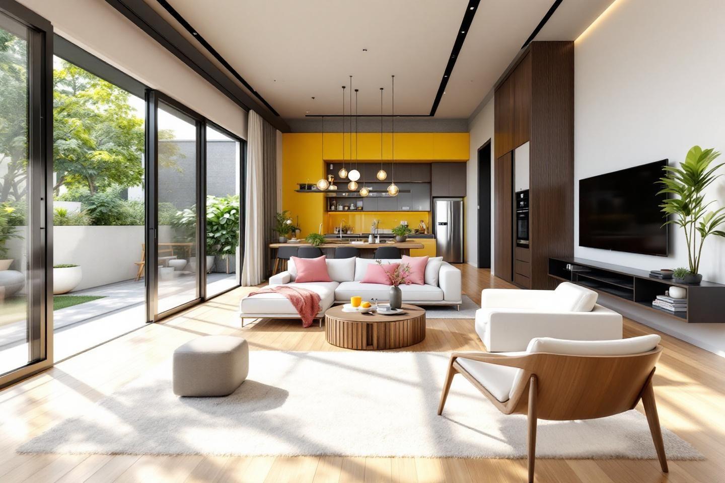 Intérieur moderne avec cuisine ouverte et grandes fenêtres
