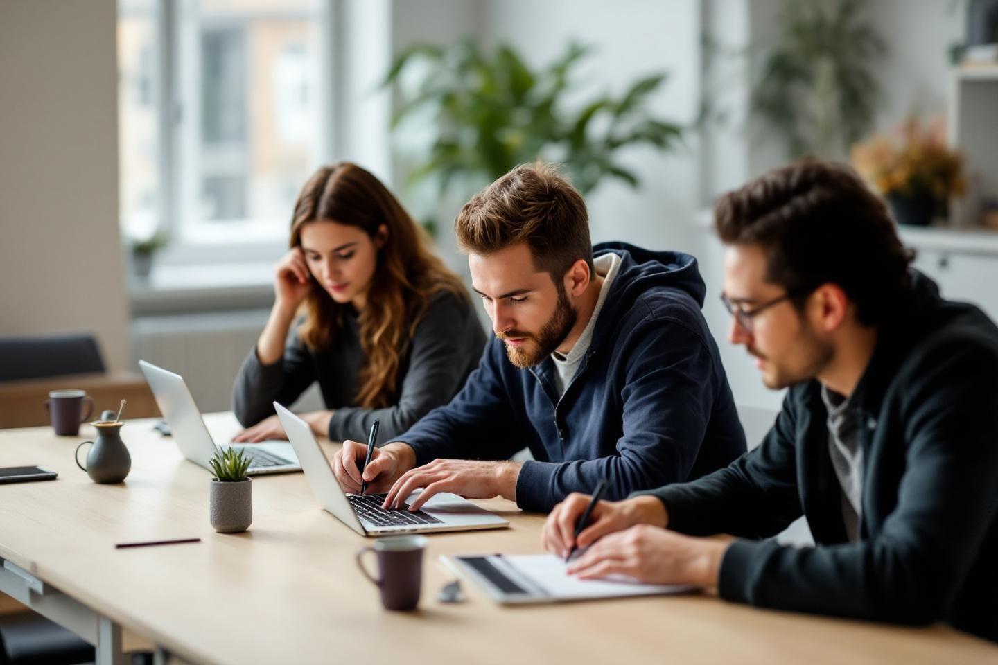 Trois collègues concentrés travaillant ensemble sur des ordinateurs portables