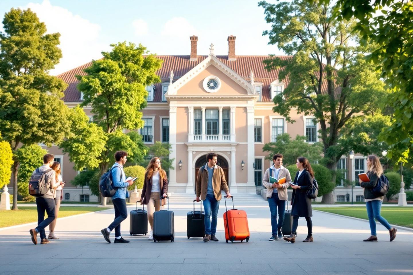 Groupes d'étudiants avec valises face à un bâtiment académique