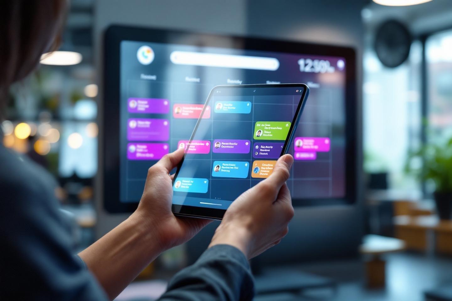 Mains tenant une tablette avec interface numérique colorée