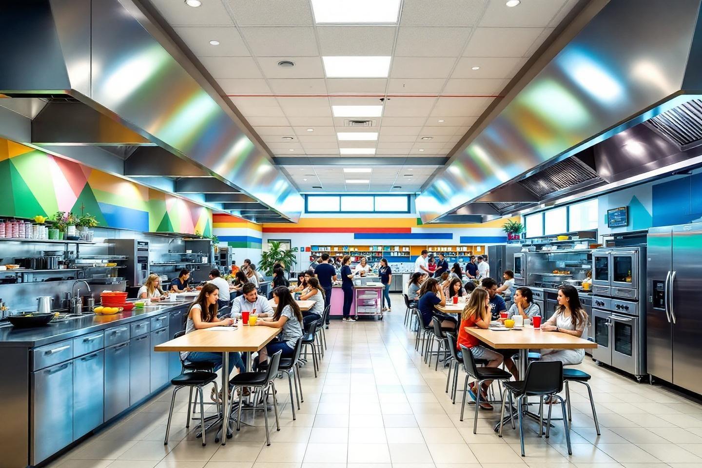 Intérieur lumineux d'une cuisine scolaire avec étudiants