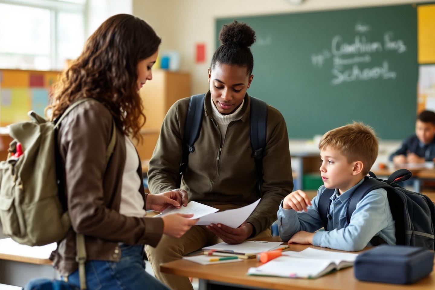 Enseignante discutant avec deux &eacute;l&egrave;ves en salle de classe