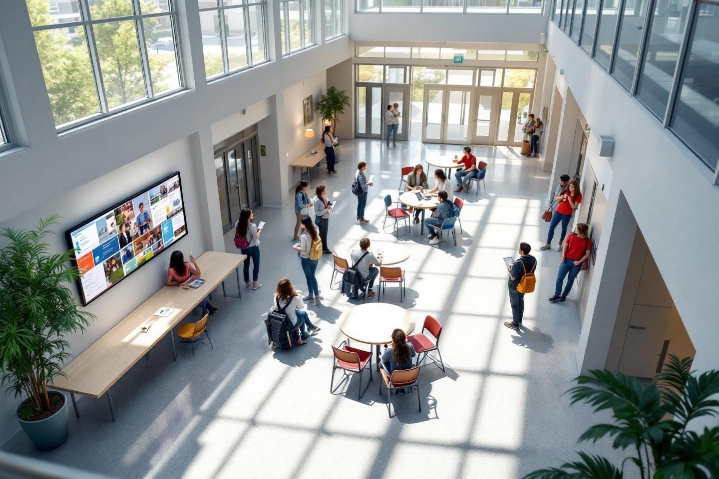 Espace de travail collaboratif avec étudiants et écrans