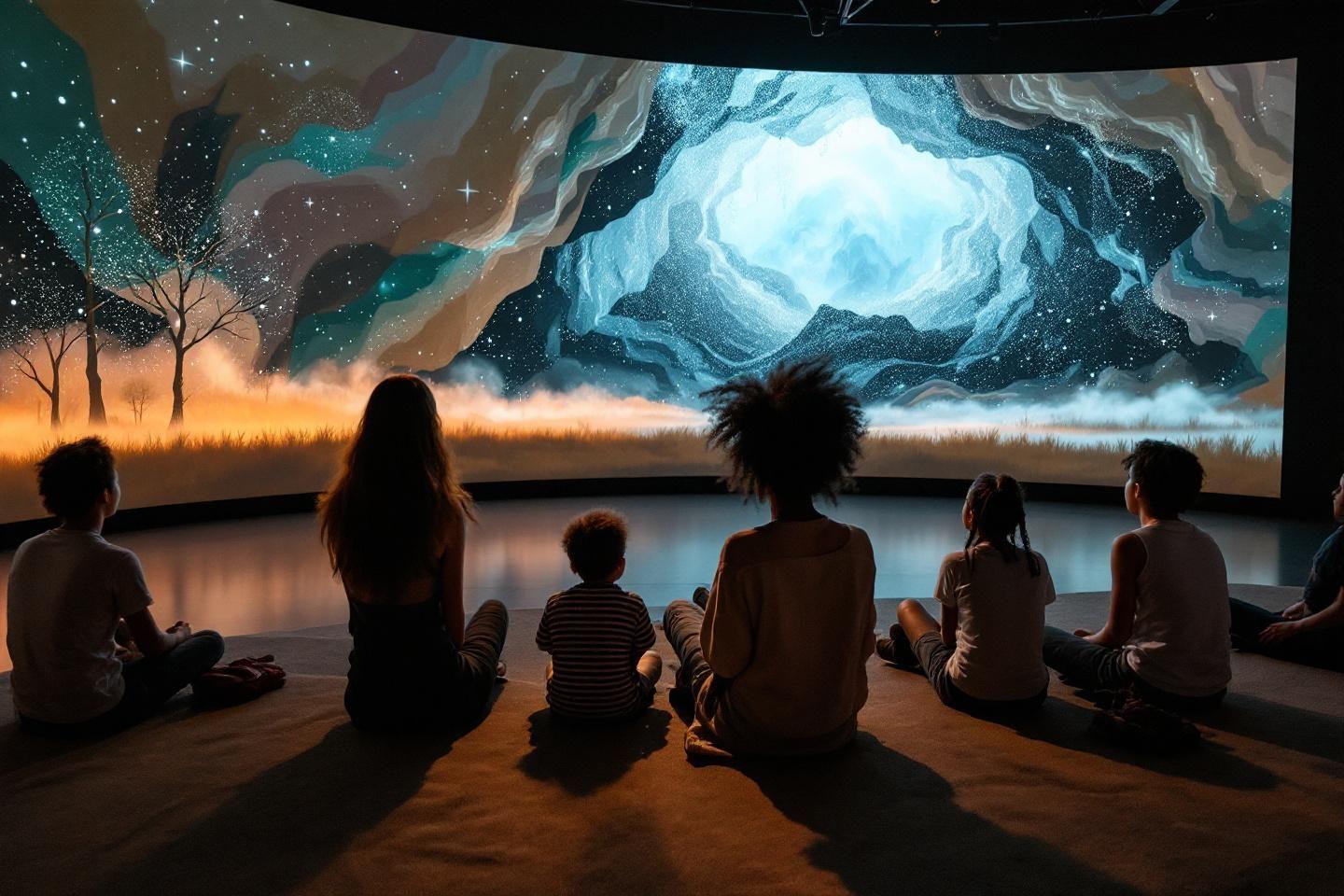 Spectateurs assis contemplant un paysage stellaire fantastique