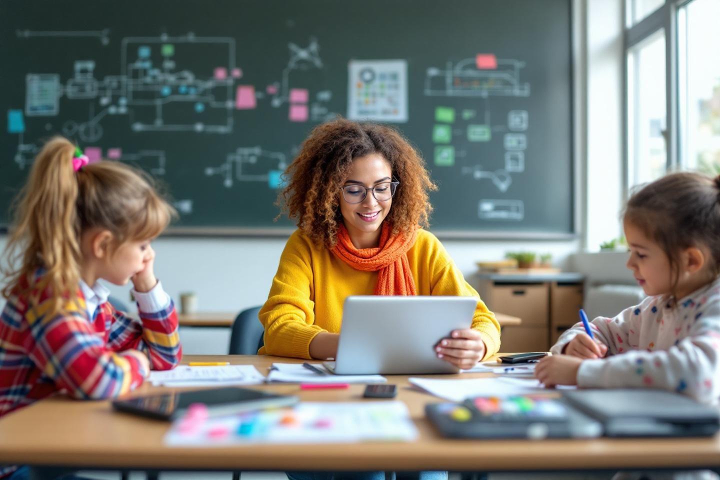 Professeure souriante travaillant avec deux jeunes élèves