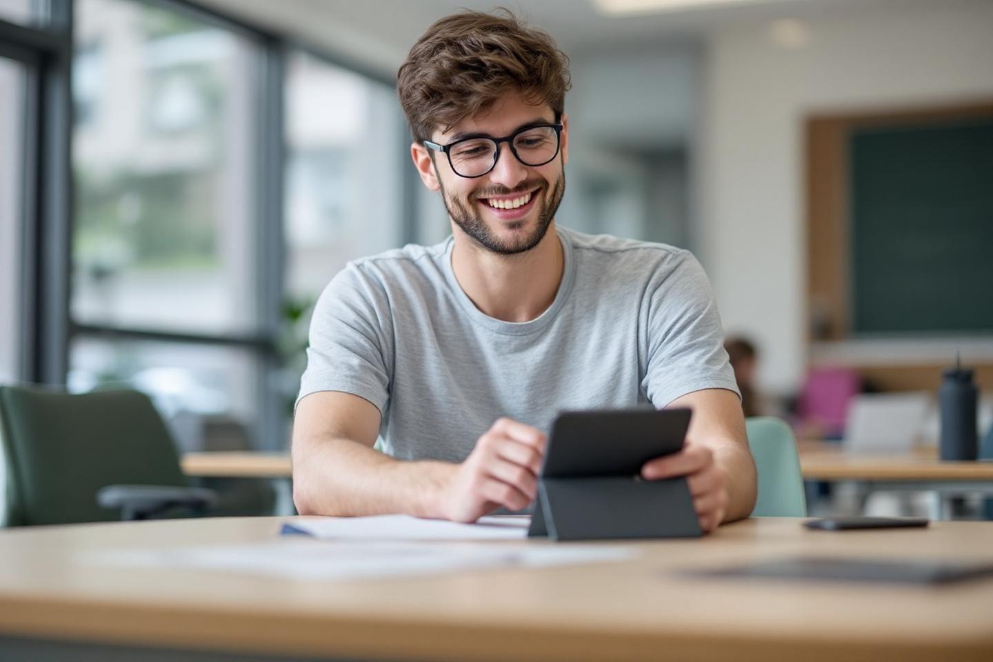 Jeune homme heureux dans un bureau lumineux avec tablette