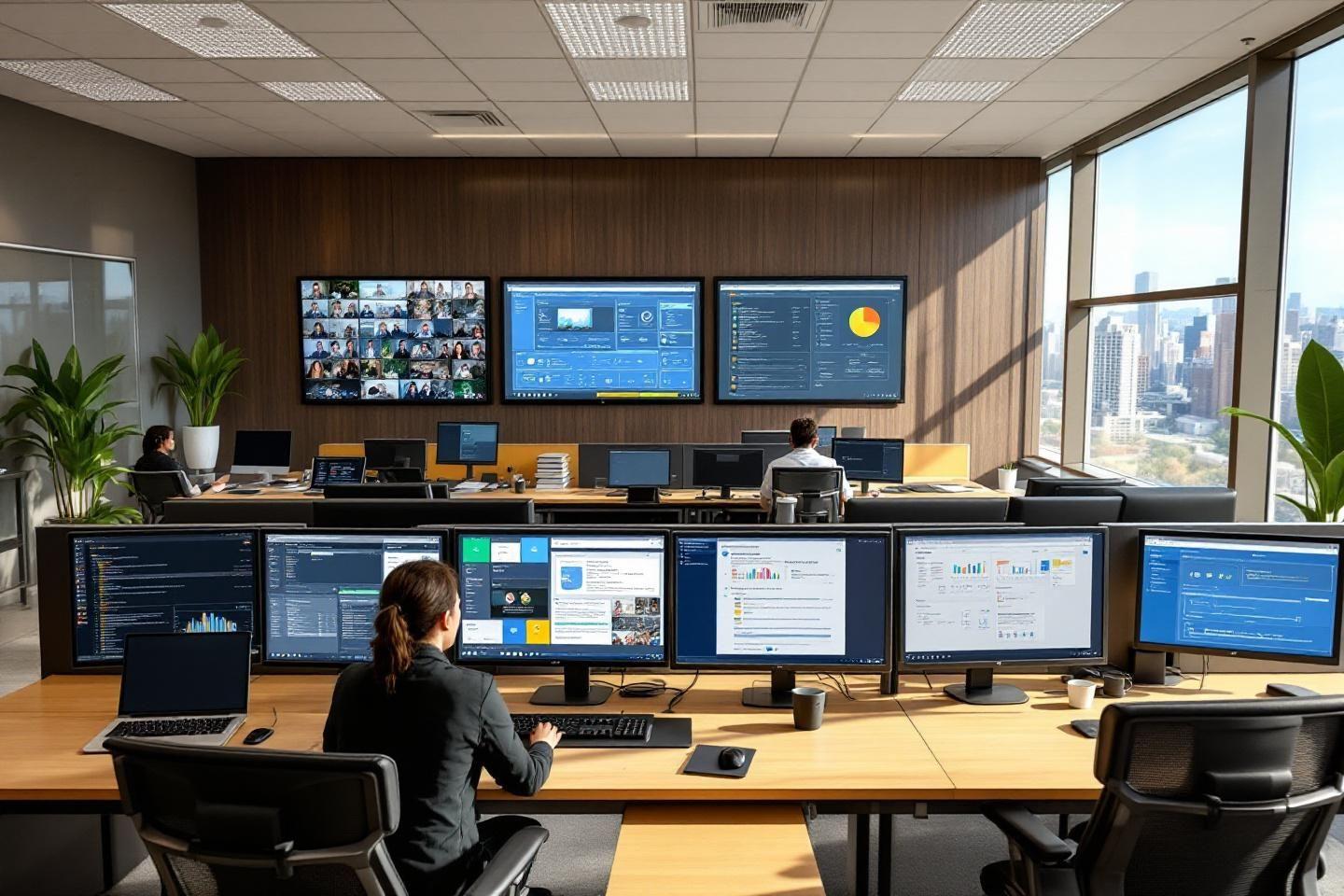 Espace de travail avec plusieurs &eacute;crans et vues sur la ville