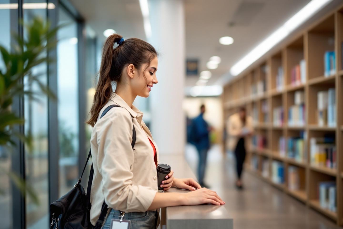 &Eacute;tudiante avec caf&eacute; debout pr&egrave;s des &eacute;tag&egrave;res de livres