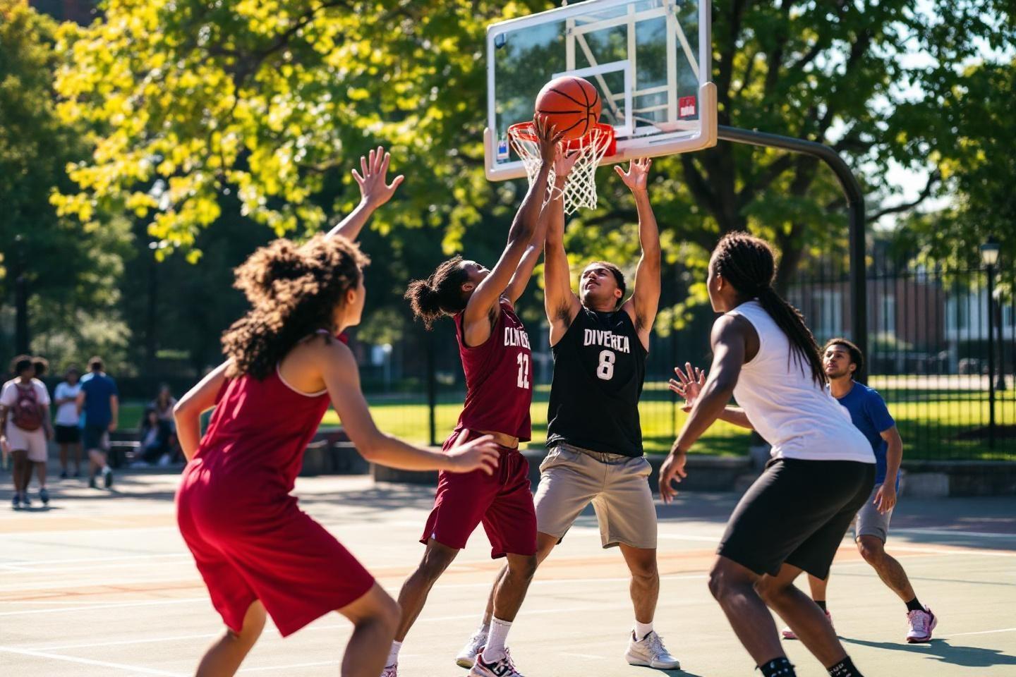 Joueurs de basket disputant un ballon près du panier