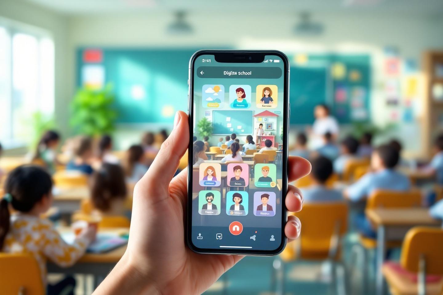 Smartphone montrant une application d'enseignement dans une salle de classe