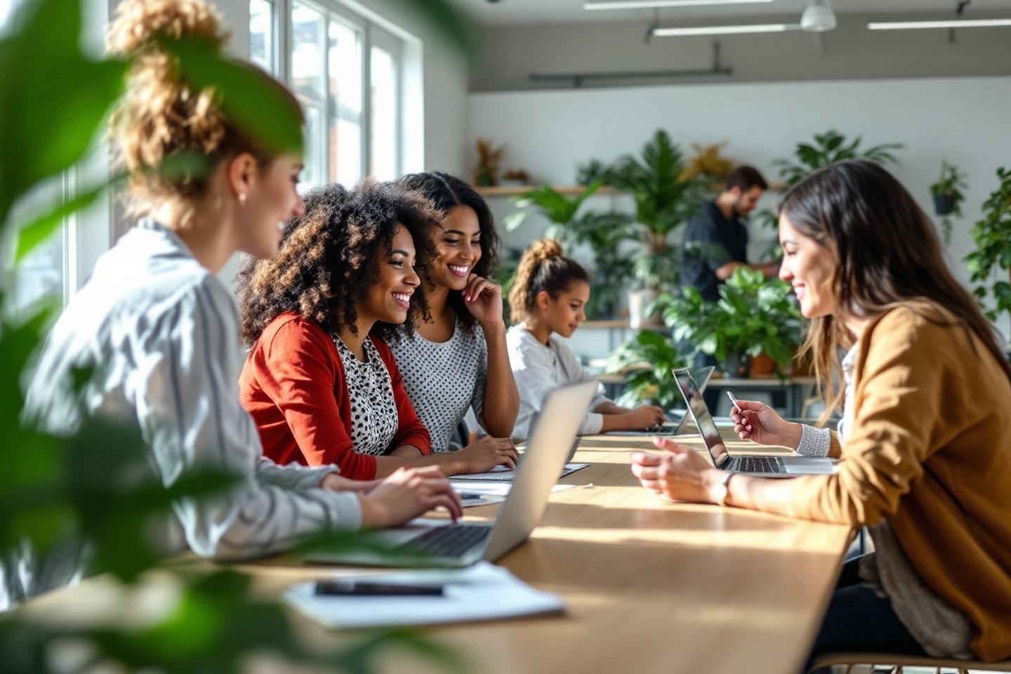 Femmes travaillant ensemble sur des ordinateurs portables dans un espace lumineux