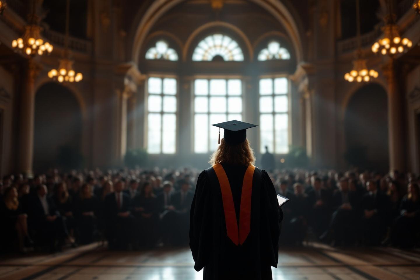 Étudiant en toge, vue de dos, dans une grande salle de cérémonie