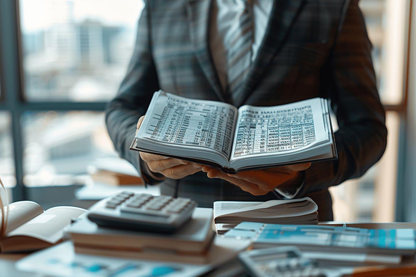 Un homme en costume examine attentivement des documents comptables et utilise une calculatrice
