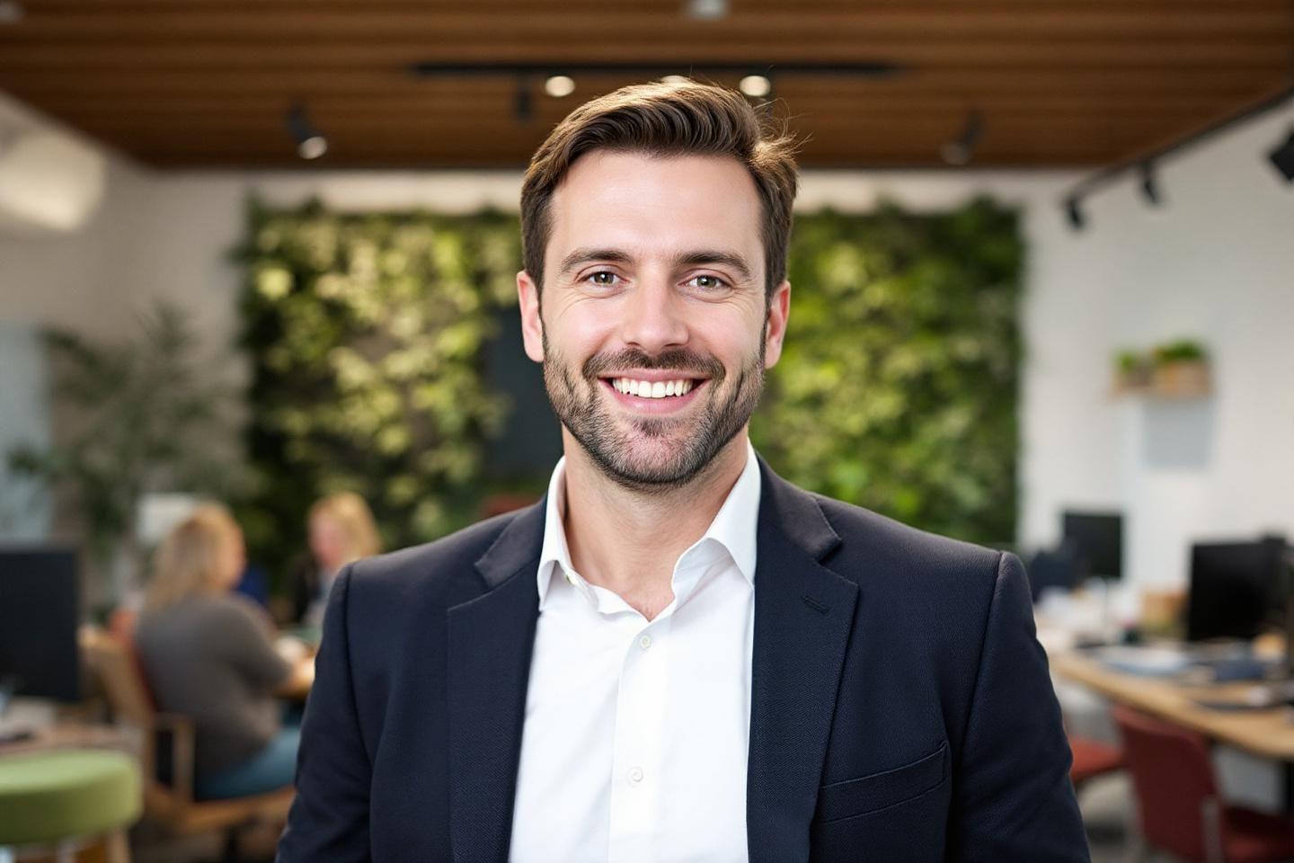 Homme souriant en costume noir dans un environnement de travail moderne