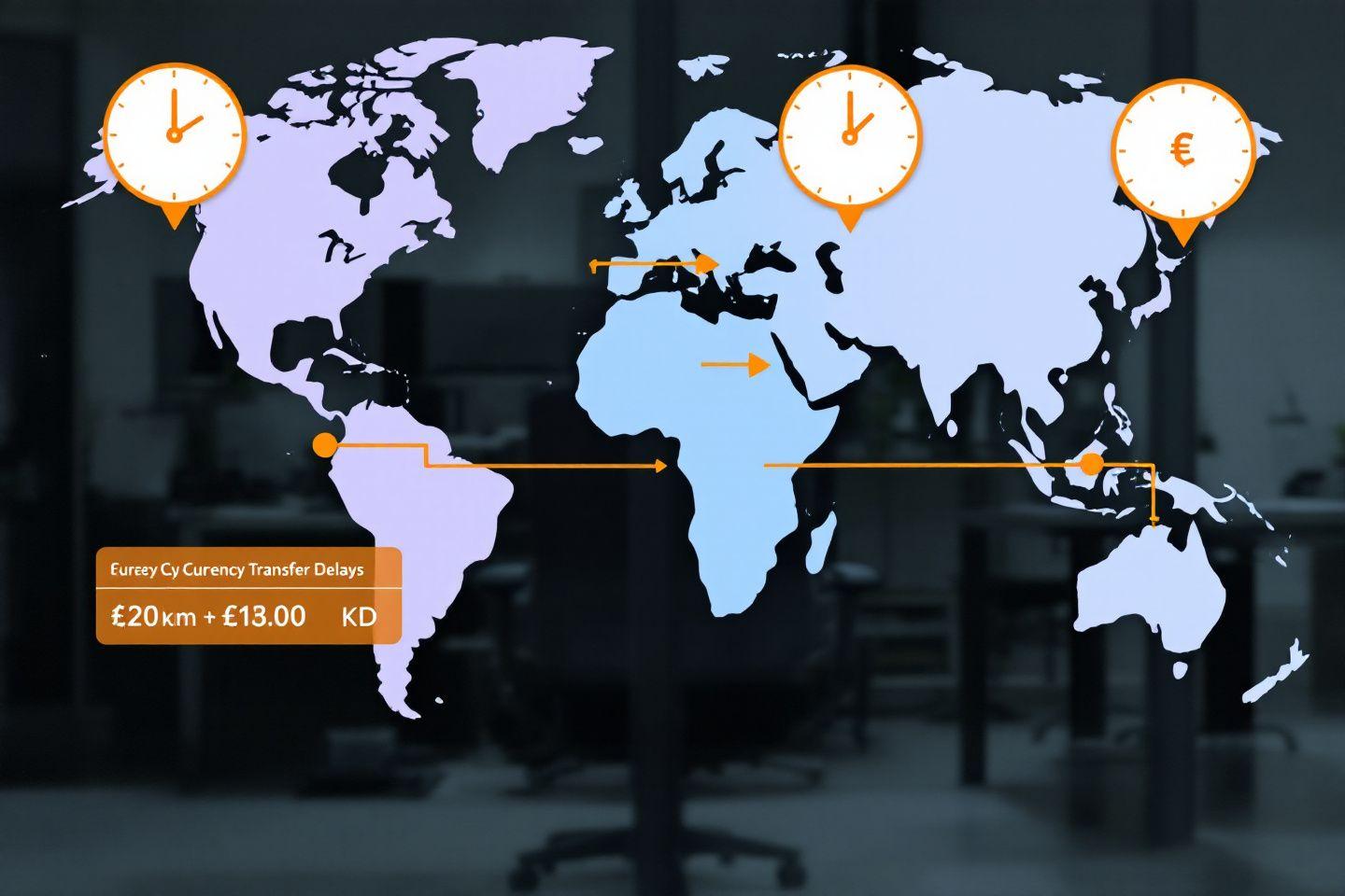 Carte mondiale avec horloges montrant les transferts de devises