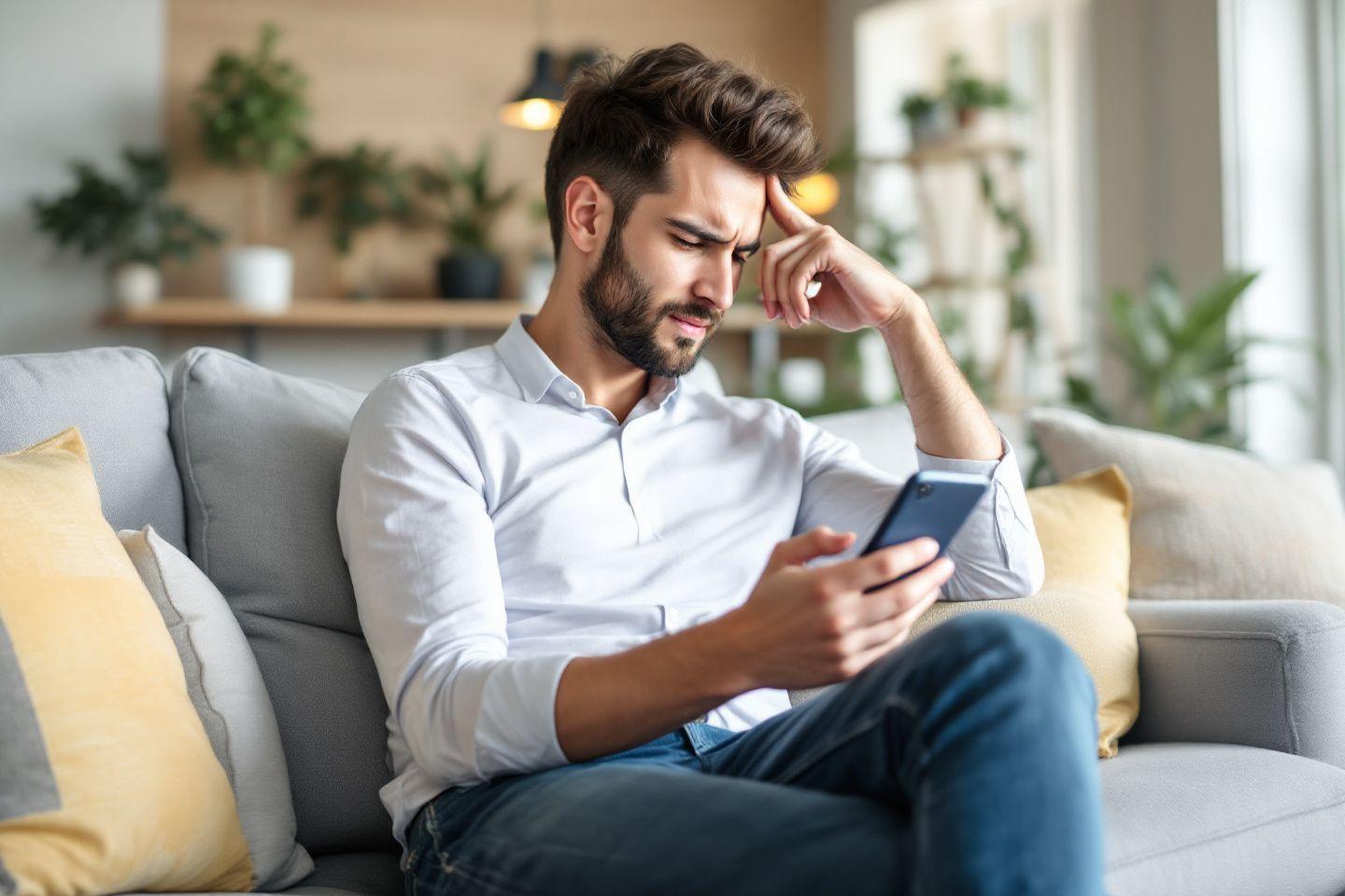 Homme frustr&eacute; regardant son t&eacute;l&eacute;phone sur un canap&eacute;