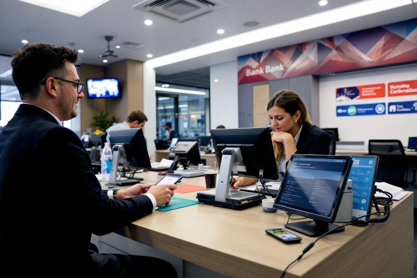 Employés de banque travaillant sur des ordinateurs dans une agence