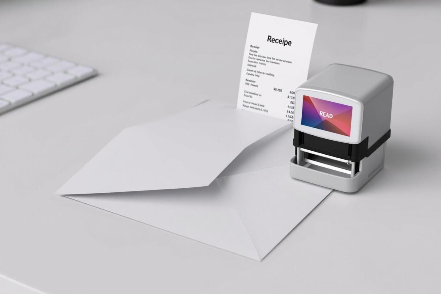 Appareil électronique gris à côté d'un reçu et d'une enveloppe