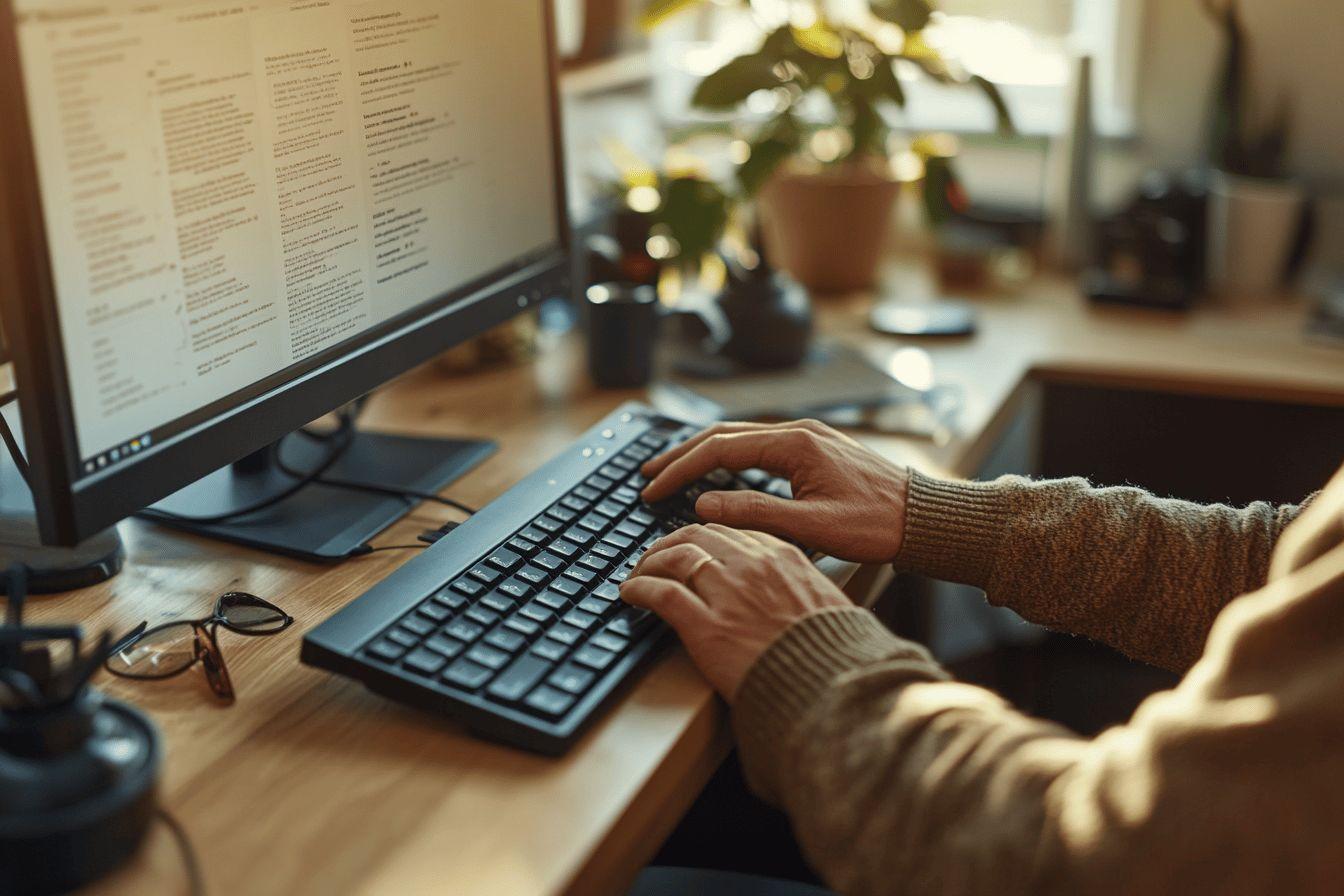 Mains tapant sur un clavier devant un écran d'ordinateur