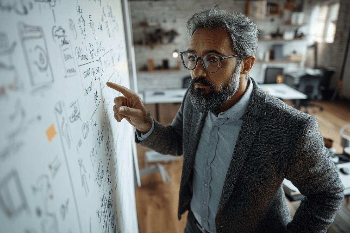 Homme à lunettes pointant des diagrammes sur tableau blanc