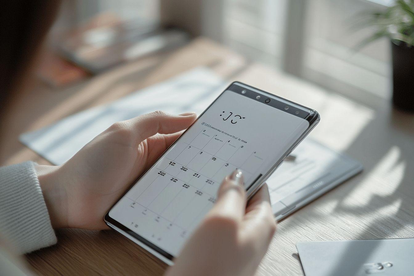 Main feuilletant un calendrier sur un smartphone moderne
