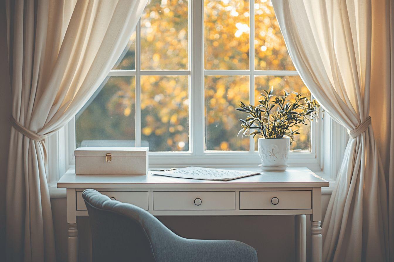 Bureau blanc avec chaise, plante et fenêtre automnale